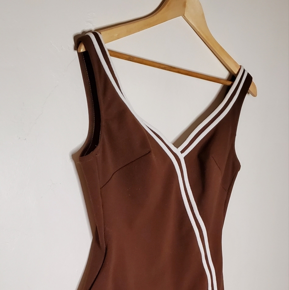 60s Sweetheart Brown Vintage One Piece Swimsuit with White Striped Lining - Picture 2 of 13